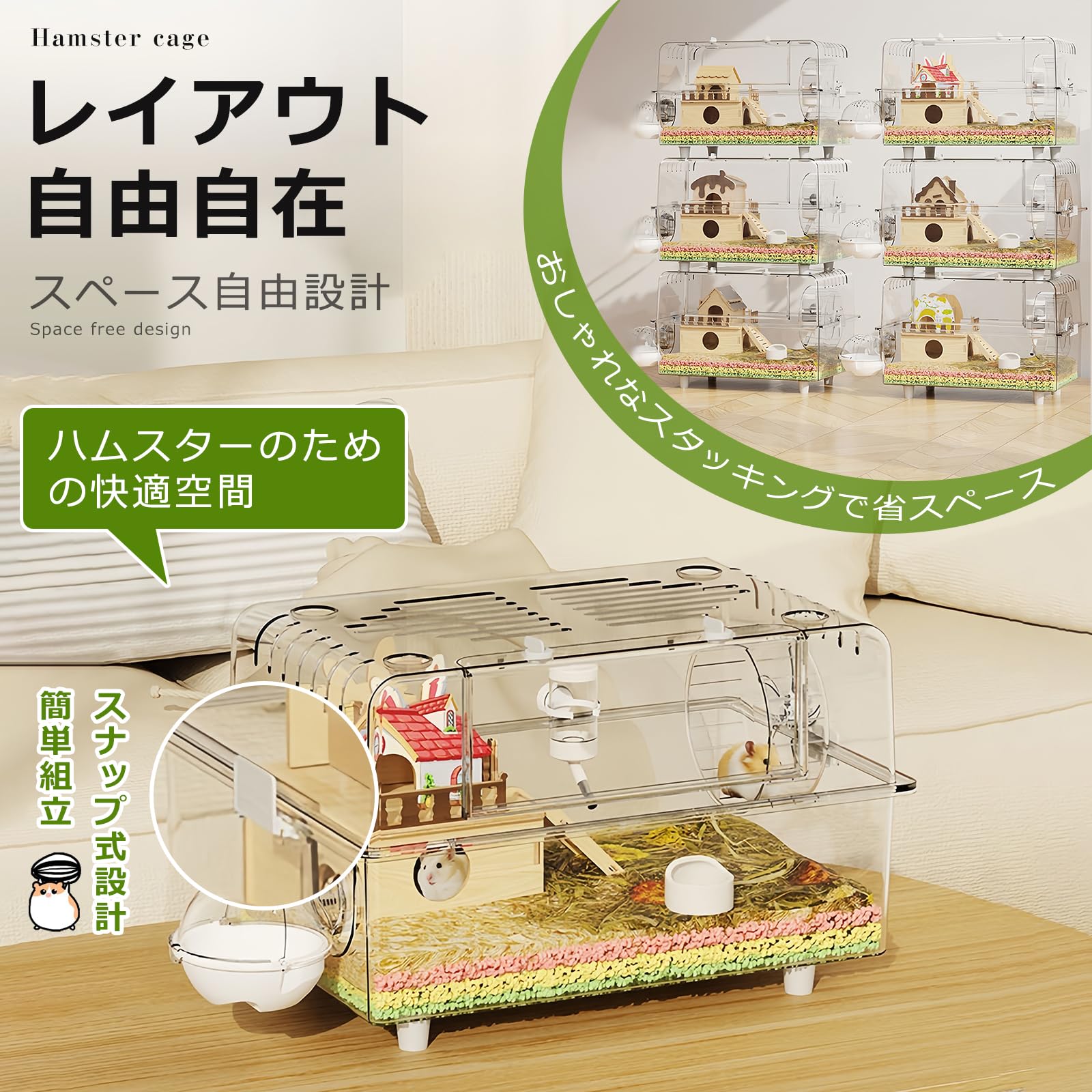 Amazon | KoiFlow ハムスターケージ 大型 クリア 重ね置き 付属品付き